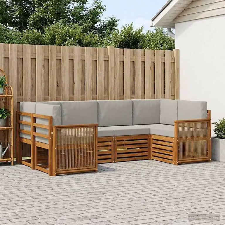 Set di divani da esterno vidaXL a forma di L in legno di acacia con cuscini, beige e grigio