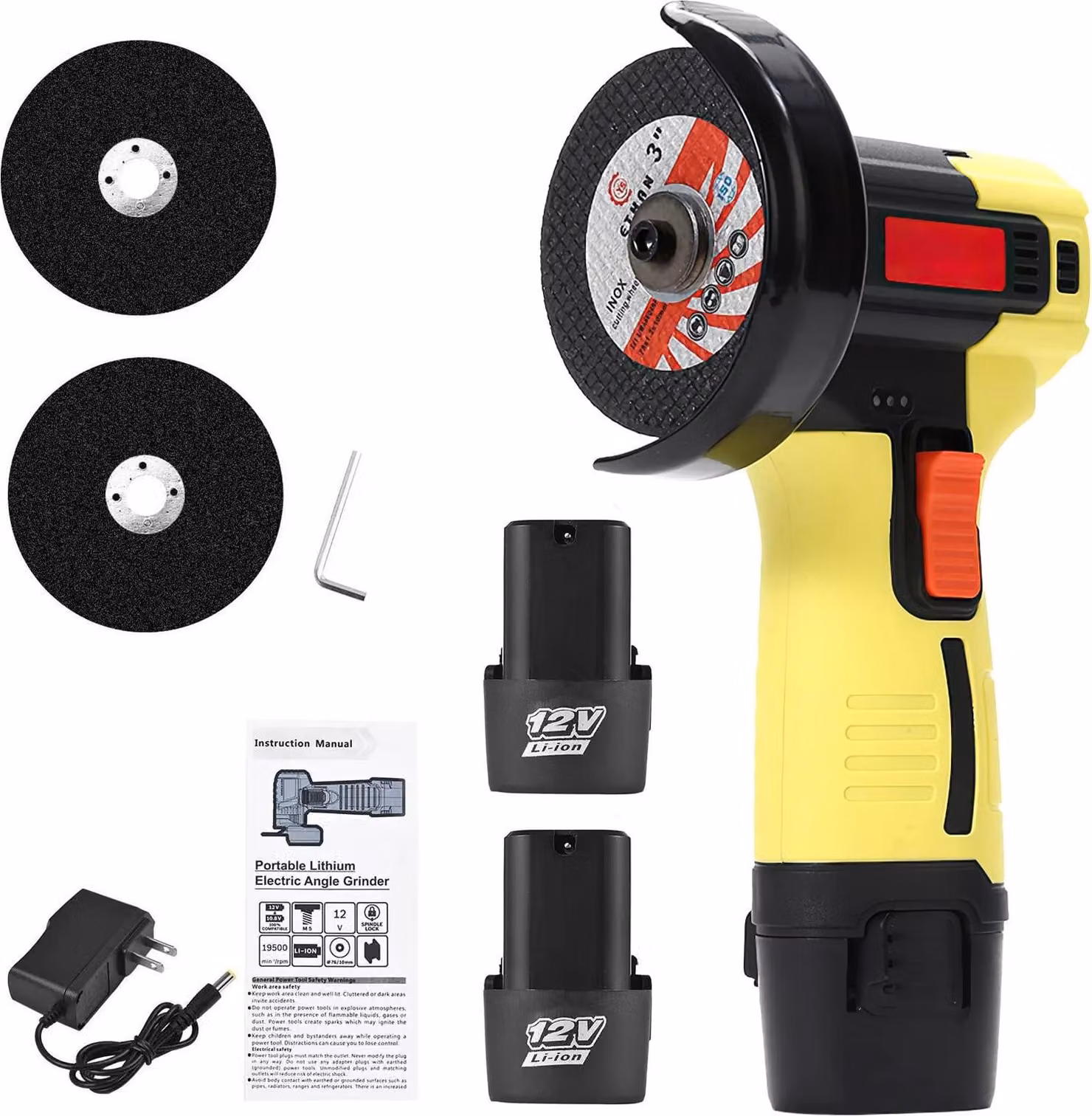 Smerigliatrice angolare, senza fili, motore potente, giallo 2 batterie