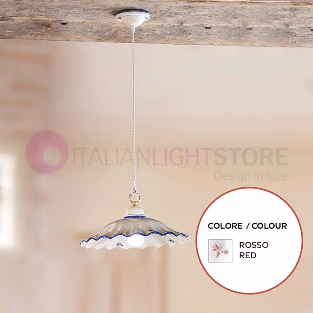Lampada a sospensione ALTOPASCIO di Ceramiche Borso in ceramica rossa con decori rustici e dettagli in ottone, Diametro: 38 cm