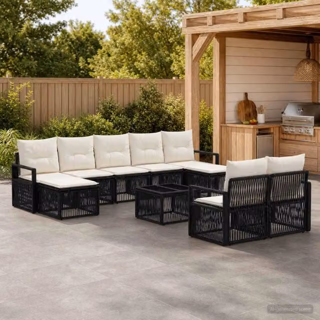 Set Divano da Giardino Moderno vidaXL in Polyrattan Nero 10 Pezzi – 1