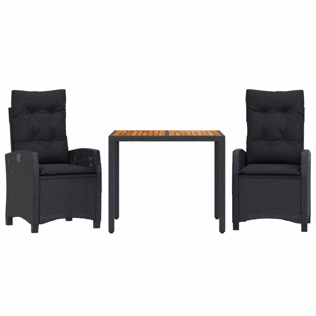 Set da Pranzo da Giardino 3 pz con Cuscini Nero in Polyrattan