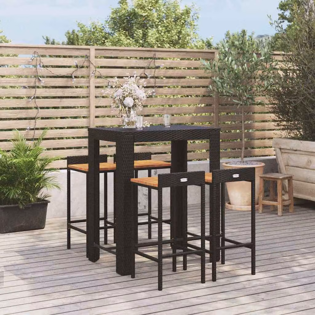 Set Bar da Giardino vidaXL in 5 Pezzi Nero in Polyrattan e Legno di Acacia