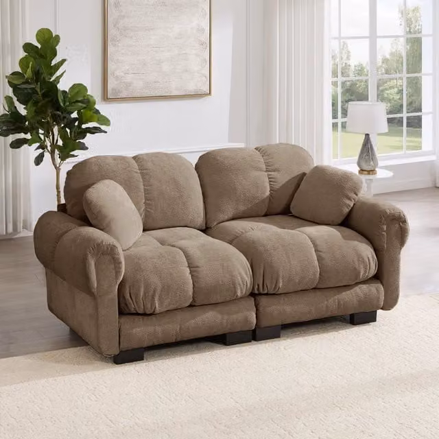 Divano a 2 posti Mivray moderno in tessuto marrone con schienale curvo e cuscini inclusi L: 190 cm, P: 90 cm, H: 86 cm