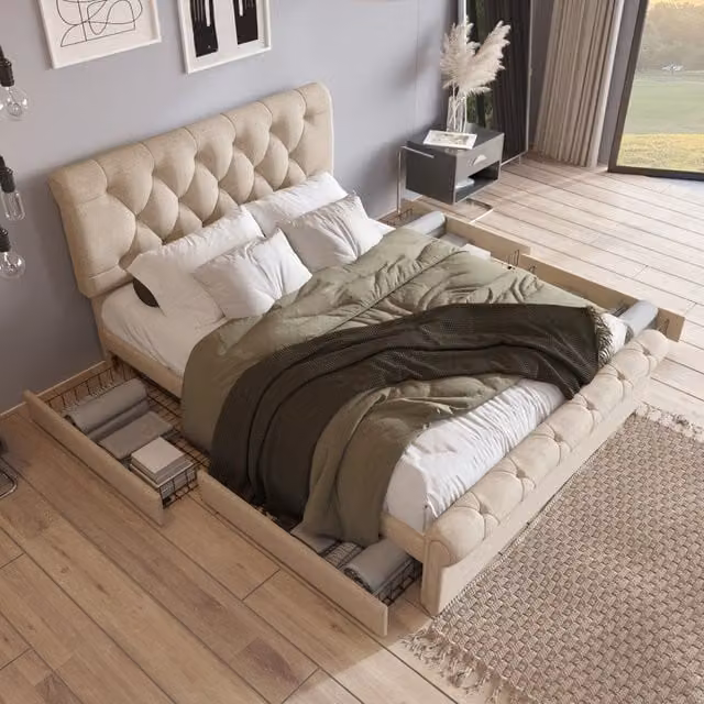 Letto Mivray con quattro cassetti e testiera regolabile in lino beige, legno e metallo, L/P/H: 140 x 200 x 110 cm – 1