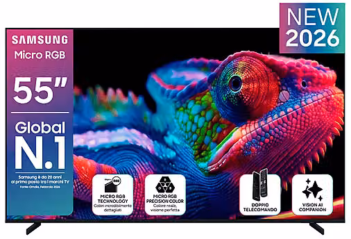 Smart TV Samsung Micro RGB AI da 55 pollici 4K UHD Mini LED Black MRE55R85HAUXZT con Color Booster Pro, Motion Xcelerator 144Hz e Dolby Atmos