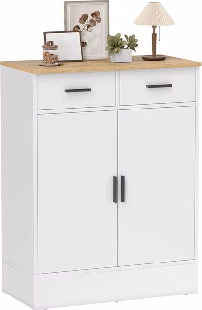 Mobile Credenza Salvaspazio con 2 Cassetti e Ripiano Regolabile per Soggiorno e Cucina Madia in Legno Naturale e Bianco Pratica