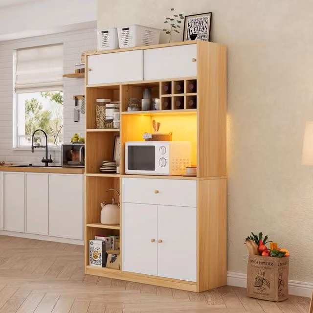 Credenza da cucina alta con LED, 3 ante, cassetto e ripiani aperti, in truciolare, bianco naturale, 115 × 35 × 180 cm
