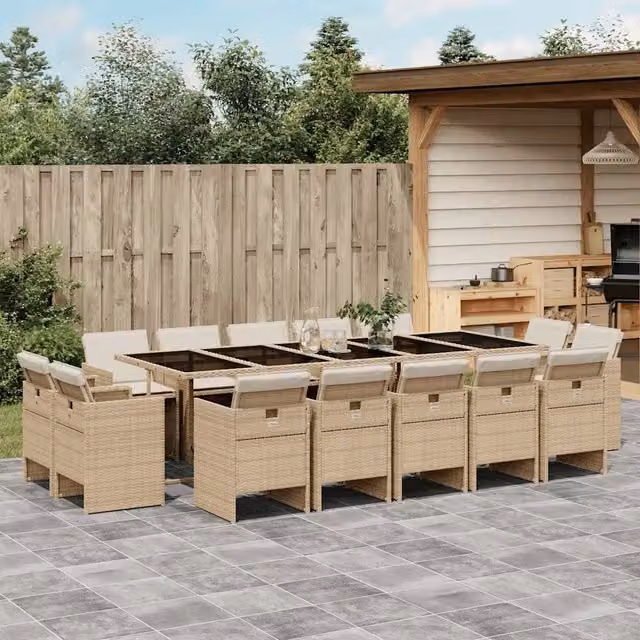 Set da pranzo da giardino vidaXL in polyrattan con cuscini beige e tavolo in vetro per 15 persone