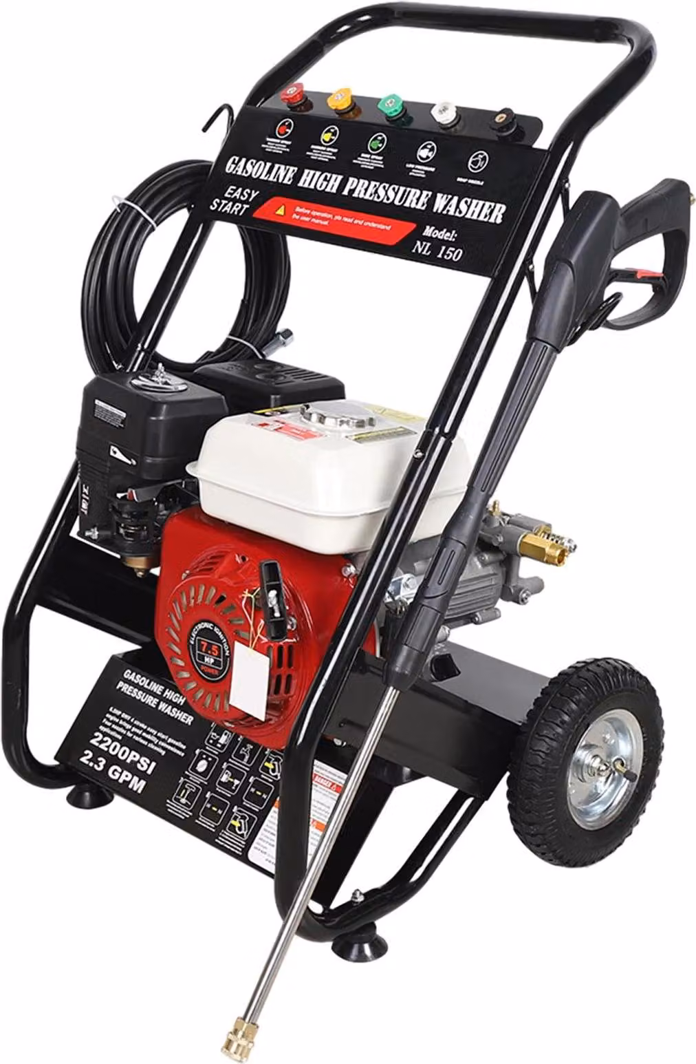 Idropulitrice a benzina - Monocilindrico a 4 tempi raffreddato ad aria - 3400 giri/min - 2,3 GPM (8,7 l/min) - 56×50×81 cm - Nero/rosso