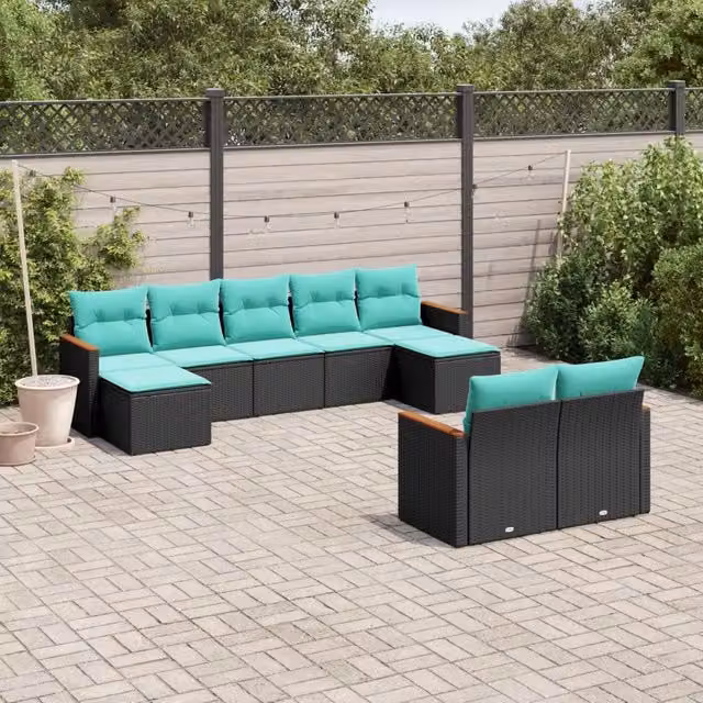 Set di Divani da Giardino vidaXL a Forma di U in Polyrattan con Cuscini, Colore Nero, Blu o Turchese