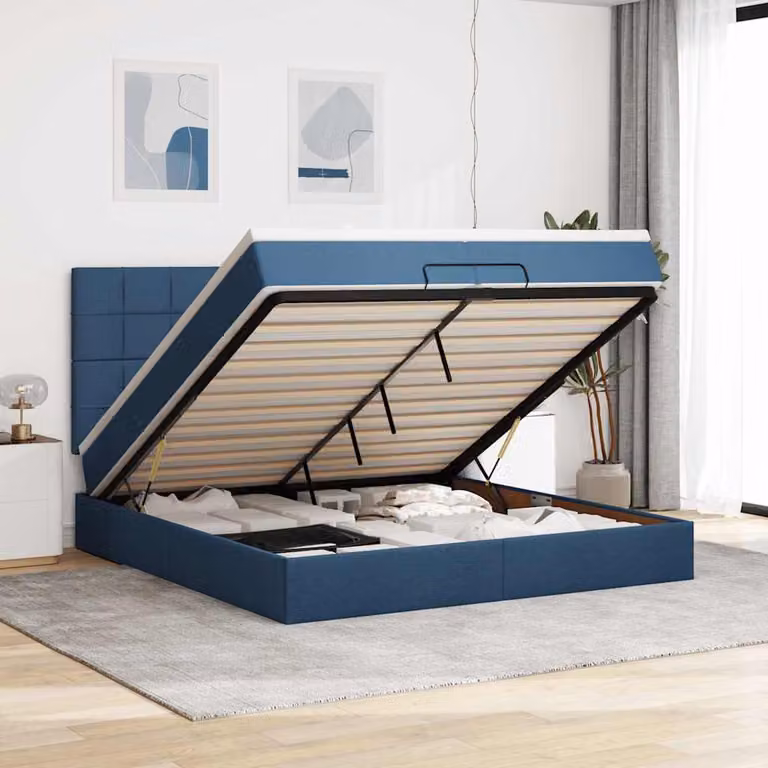 Letto matrimoniale con contenitore a sollevamento vidaXL in tessuto blu e bianco, L 200 x P 200 x H 280 cm, con illuminazione sottostante e porta USB