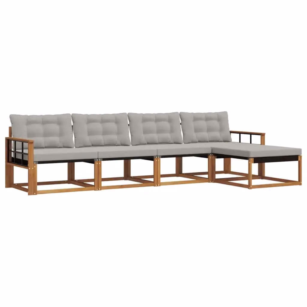 Set di divani da esterno a L vidaXL in legno di acacia con pouf e cuscini, beige e grigio – 2