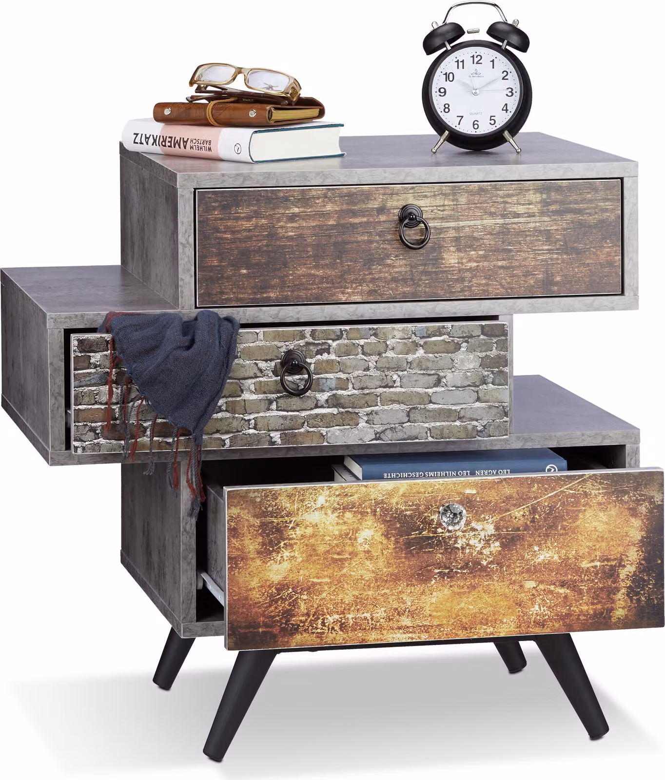 Comodino vintage Relaxdays con 3 cassetti, effetto cemento, cassetto in stile shabby con maniglia, LxPxA: 60x60x40 cm, grigio