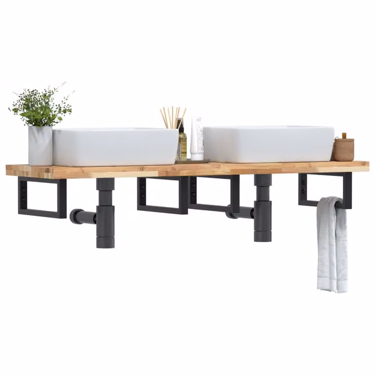 vidaXL Ripiano da parete per lavabo in legno di acacia e metallo, nero e marrone, L: 40 cm, P: 19 cm, H: 5 cm