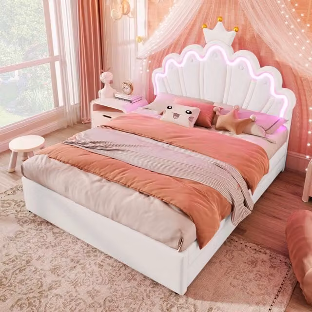 Letto matrimoniale 140 × 200 cm con 2 cassetti, luci LED regolabili e testiera inclinabile, senza materasso, bianco