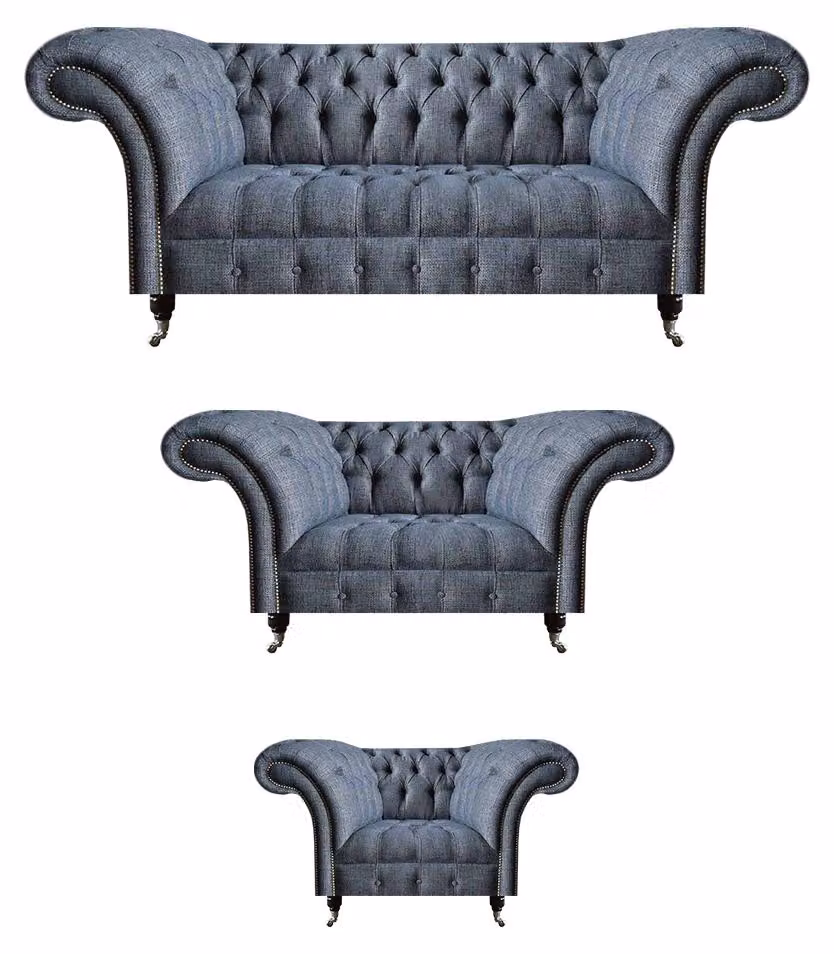 Wohnzimmer Chesterfield Set Designer Graue Sofagarnitur Sessel 3-Sitzer