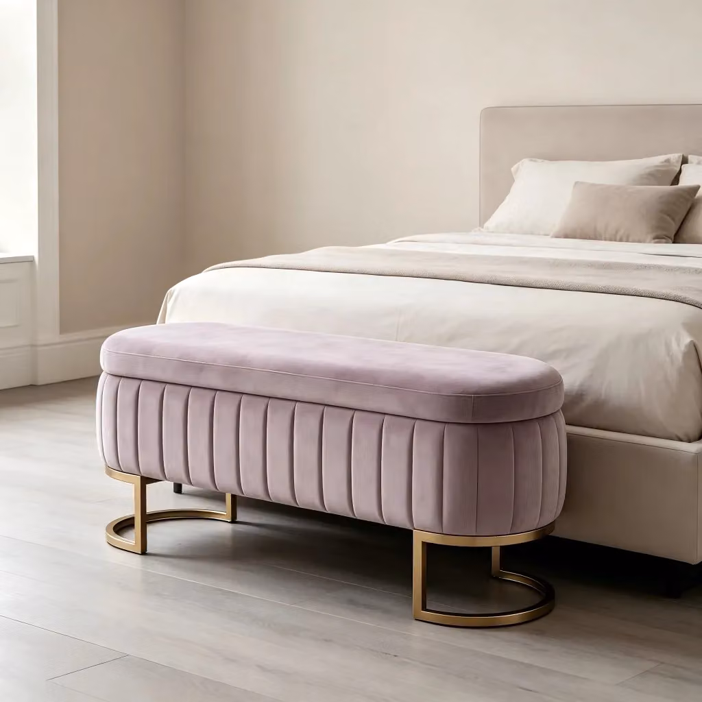 Panca contenitore WISHDOR in velluto rosa con gambe in metallo dorato, Larghezza: 130 cm – 2