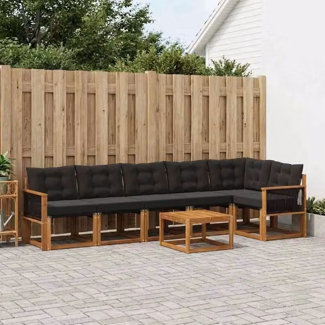 Set di divani da esterno a L con tavolino vidaXL, 7 pezzi in legno di acacia e tessuto textilene, marrone e nero
