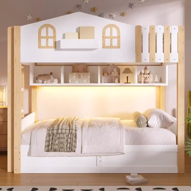 Letto a castello casetta 90x200 cm con contenitore idraulico e luci LED; in pino e MDF bianco e naturale