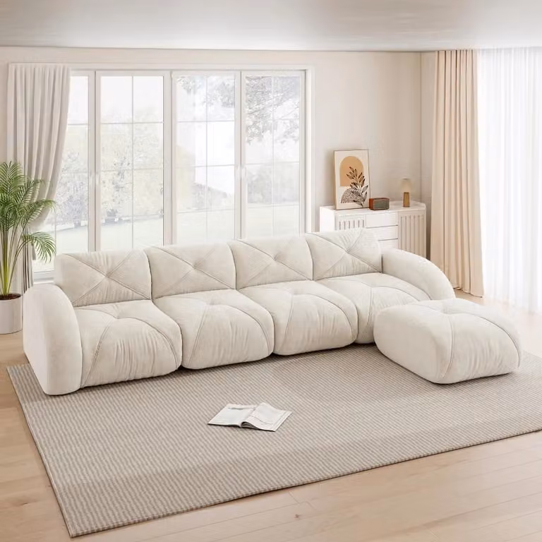 Divano modulare per soggiorno - Divano a forma di "U" con 4 posti e 1 poggiapiedi - Tessuto in chenille - Stile moderno - Bianco - Assemblaggio richiesto