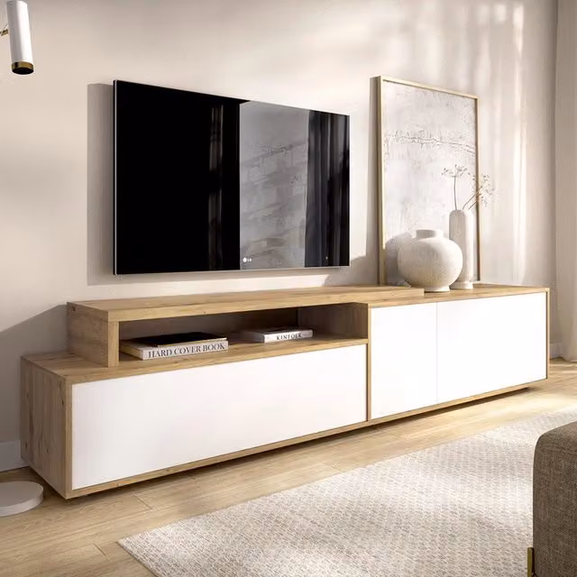 DMORA Mobile Porta TV Modulabile Benton Bianco e Legno Rovere L 40 cm, P 47 cm, H 185 cm – 1