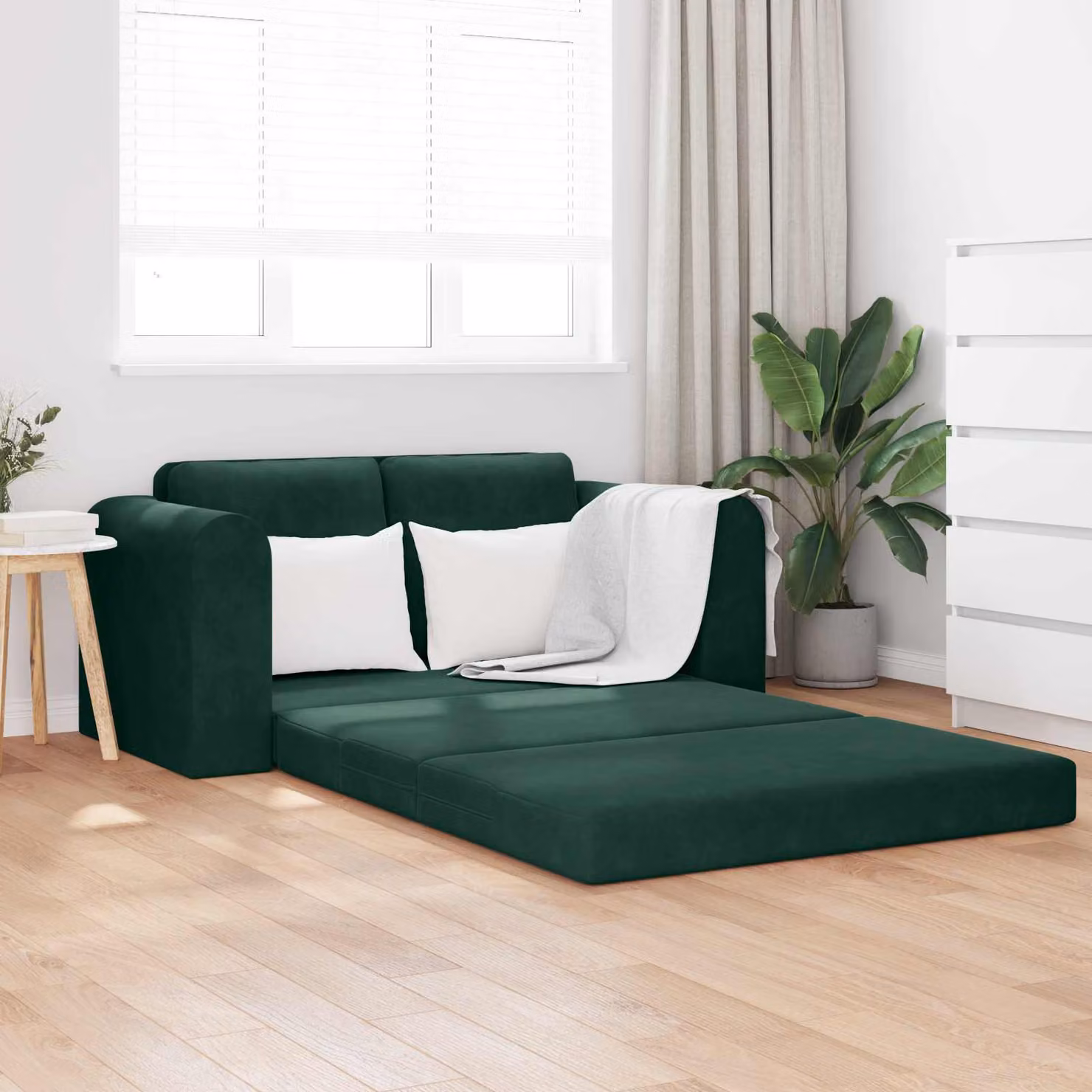 Divano letto vidaXL in velluto verde con struttura in metallo e composito, L: 148 cm, P: 71 cm, H: 83 cm