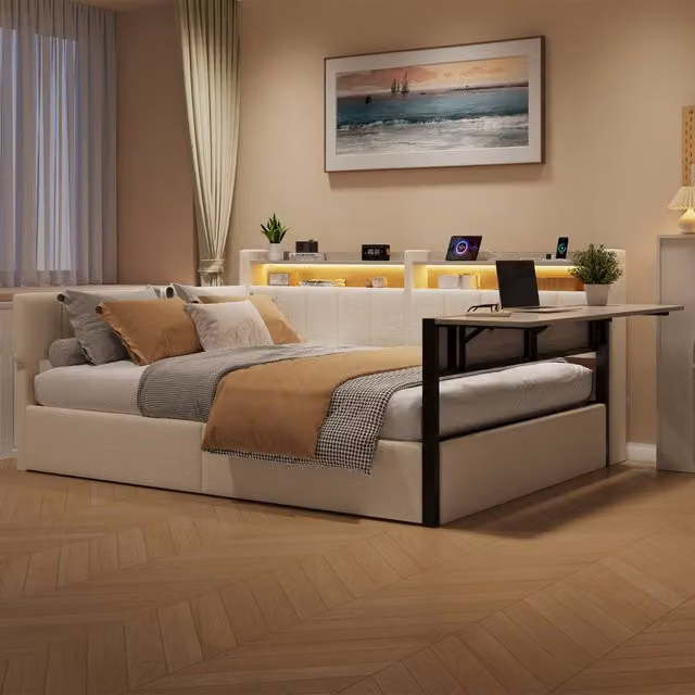 Letto a divano 140x200 cm; letto contenitore idraulico; LED; ripiano ribaltabile; comodini intercambiabili; porta USB; velluto; bianco