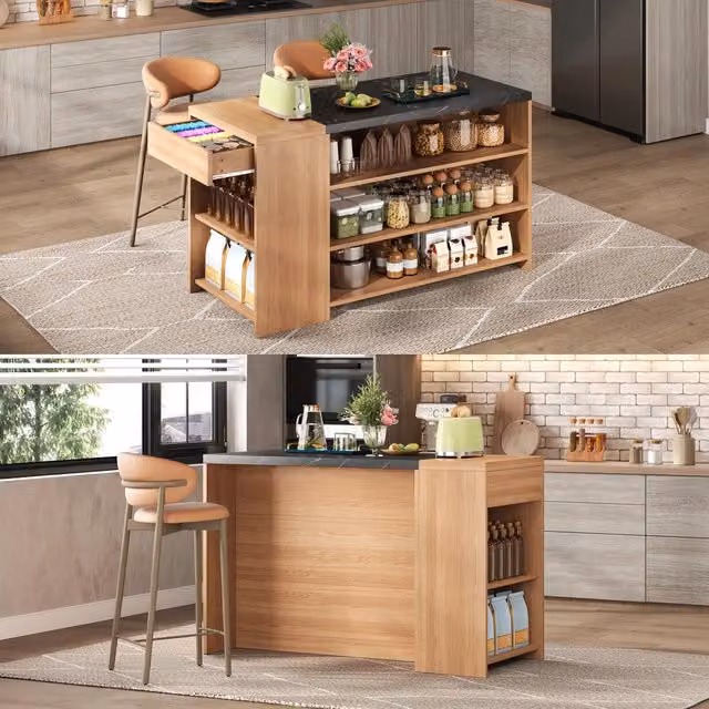 Isola cucina con bancone bar in MDF; nera effetto marmo e rovere; 140x60x90 cm; 5 ripiani e cassetto; per cucina e sala da pranzo