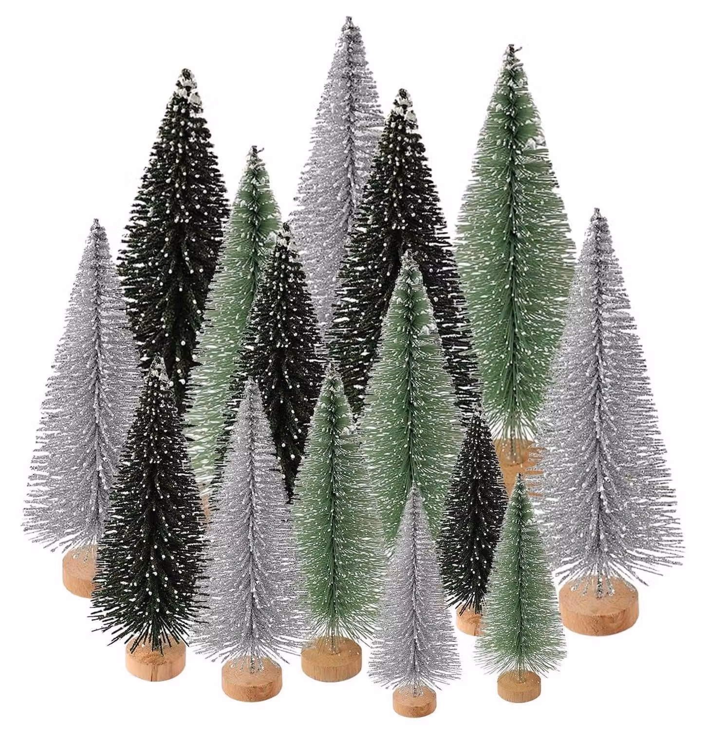 Albero di Natale in miniatura, artificiale, confezione da 15 pezzi, 3 colori, base in legno