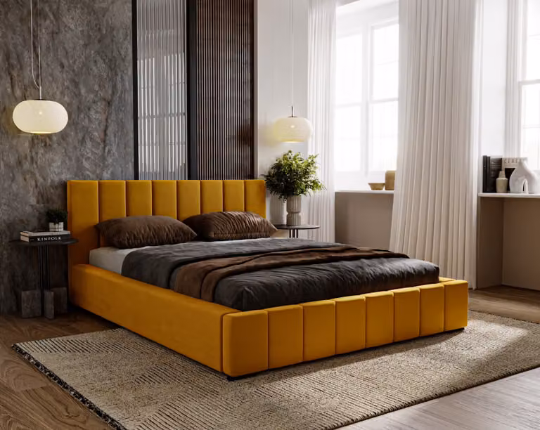 Letto imbottito Nero con materasso a molle insacchettate Salsa incluso, 160x200 cm, letto matrimoniale con contenitore e rete a doghe in legno, tessuto in velluto: giallo