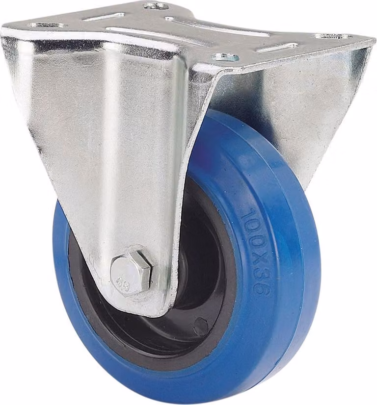 Rullo in gomma rigida con piastra blu e perno, carico massimo 80 kg, ø 8 cm