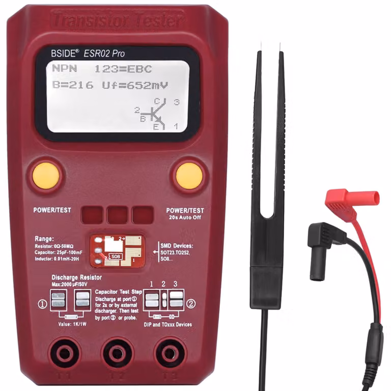 Tester per transistor ESR02 Pro, completo di pinze, con microcontrollore Mega328, compatibile con transistor NPN/PNP, per la misurazione dell'ESR (Resistenza Serie Equivalente)