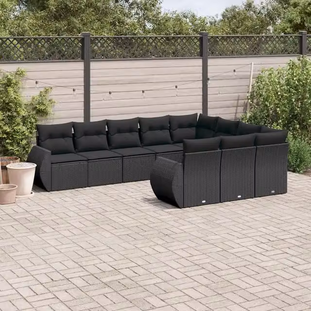 Set Divani da Giardino 10pz con Cuscini in Polyrattan Nero 3254222