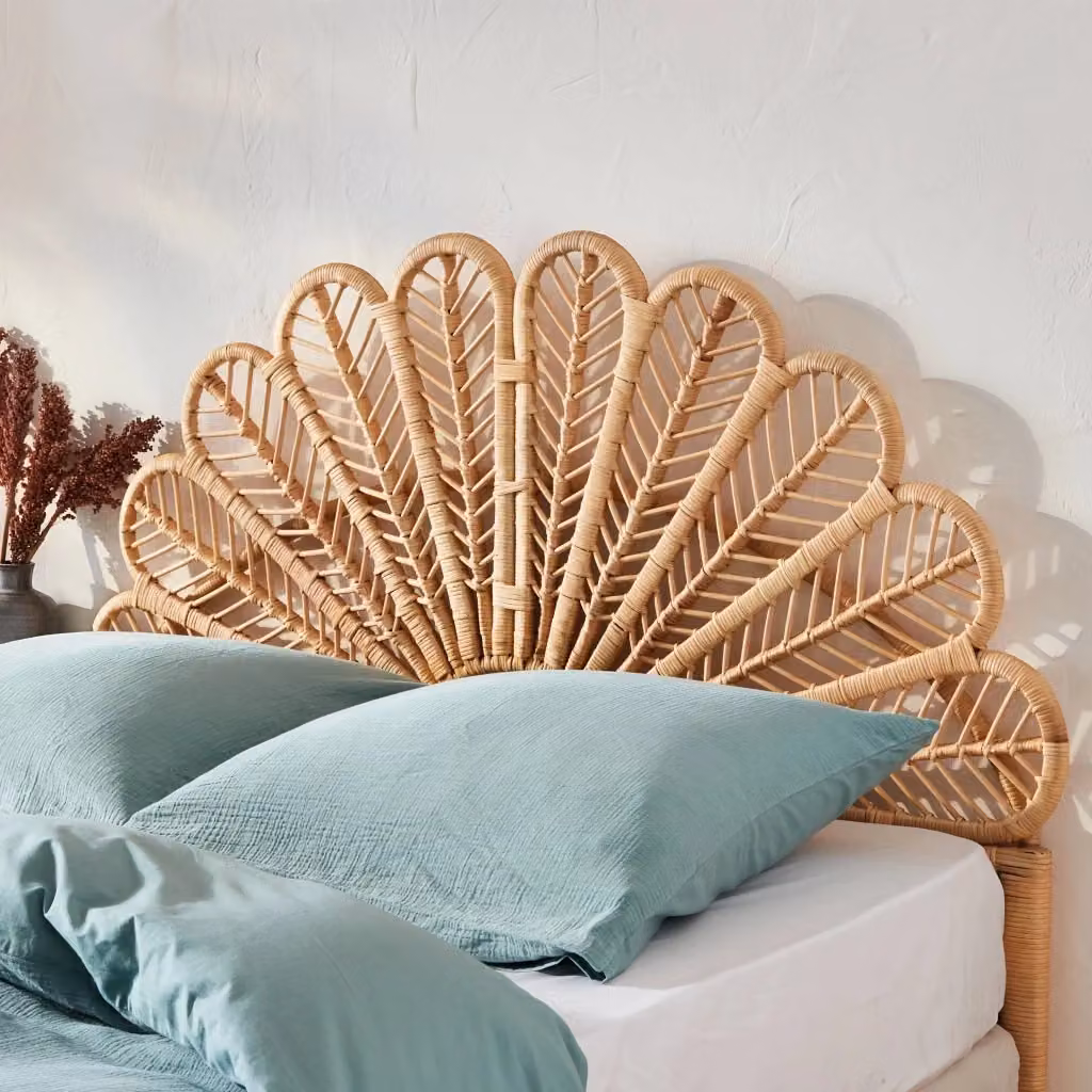 Testiera per camera da letto Sweeek in rattan naturale e legno massello stile boho, colore beige e marrone – 2