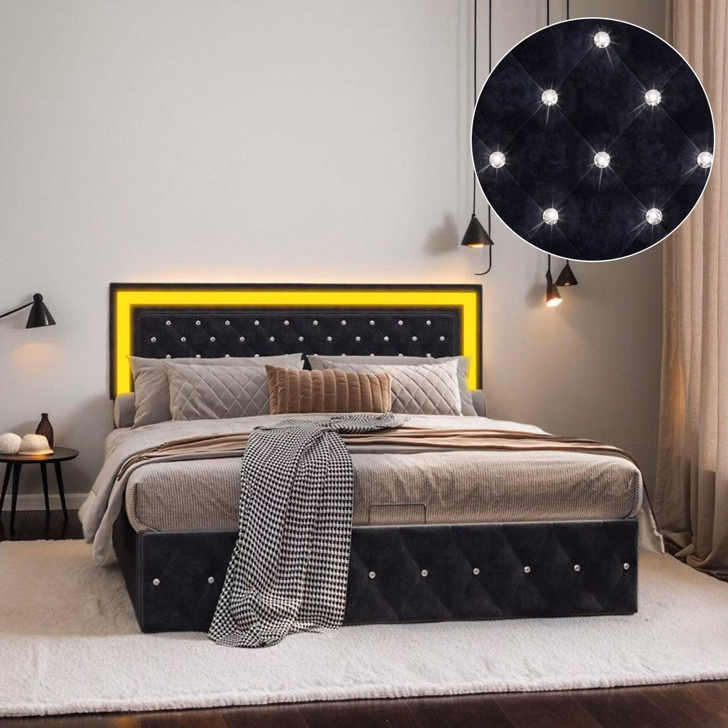 Letto imbottito Fortuna Lai 160x200 cm con illuminazione a LED, rete idraulica, rete a doghe e testata regolabile in altezza, letto di design in velluto
