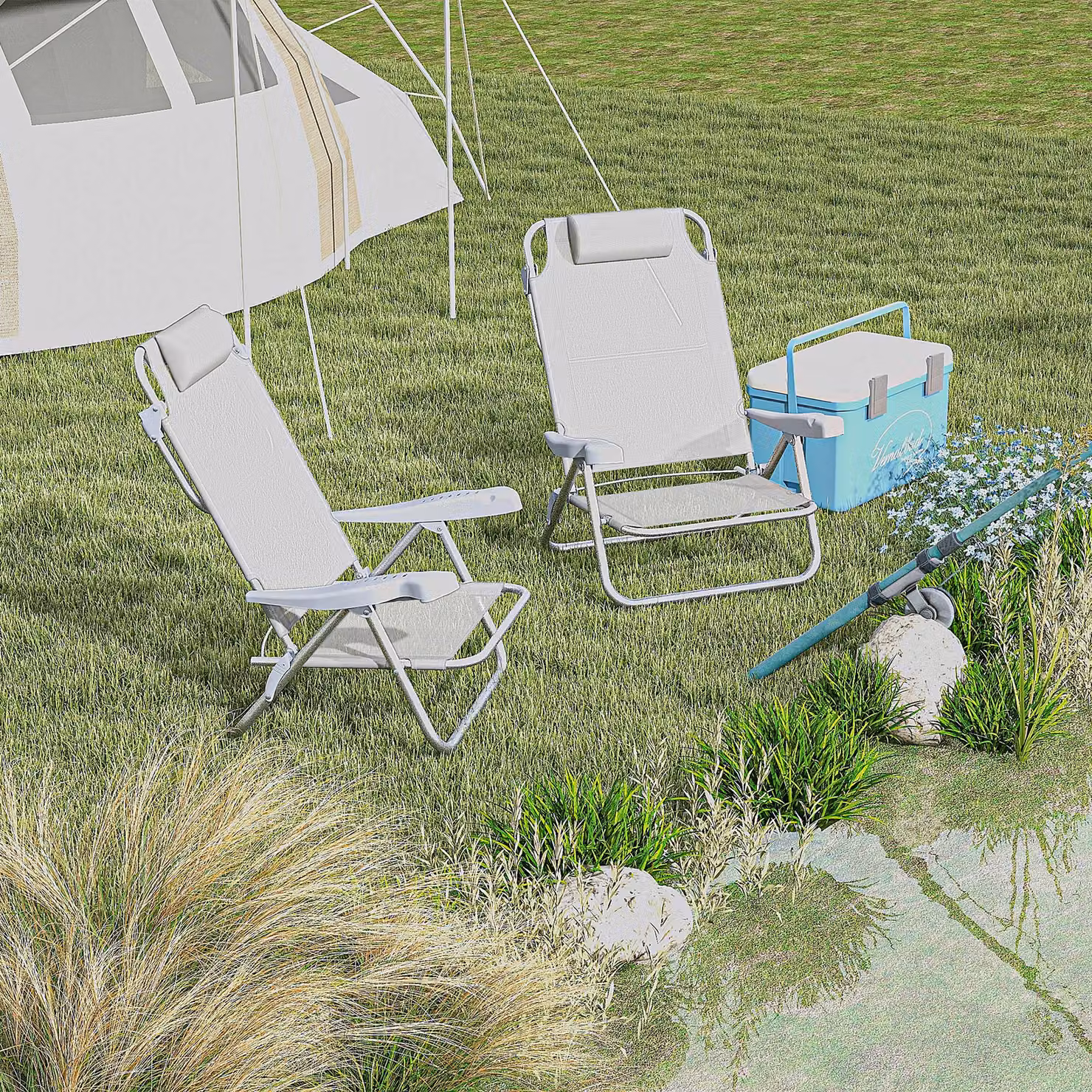 Set di 2 sedie da campeggio pieghevoli e reclinabili su 6 livelli Outsunny in alluminio e tessuto textilene, Grigio Chiaro, L 62 x P 65 x H 80 cm – 2