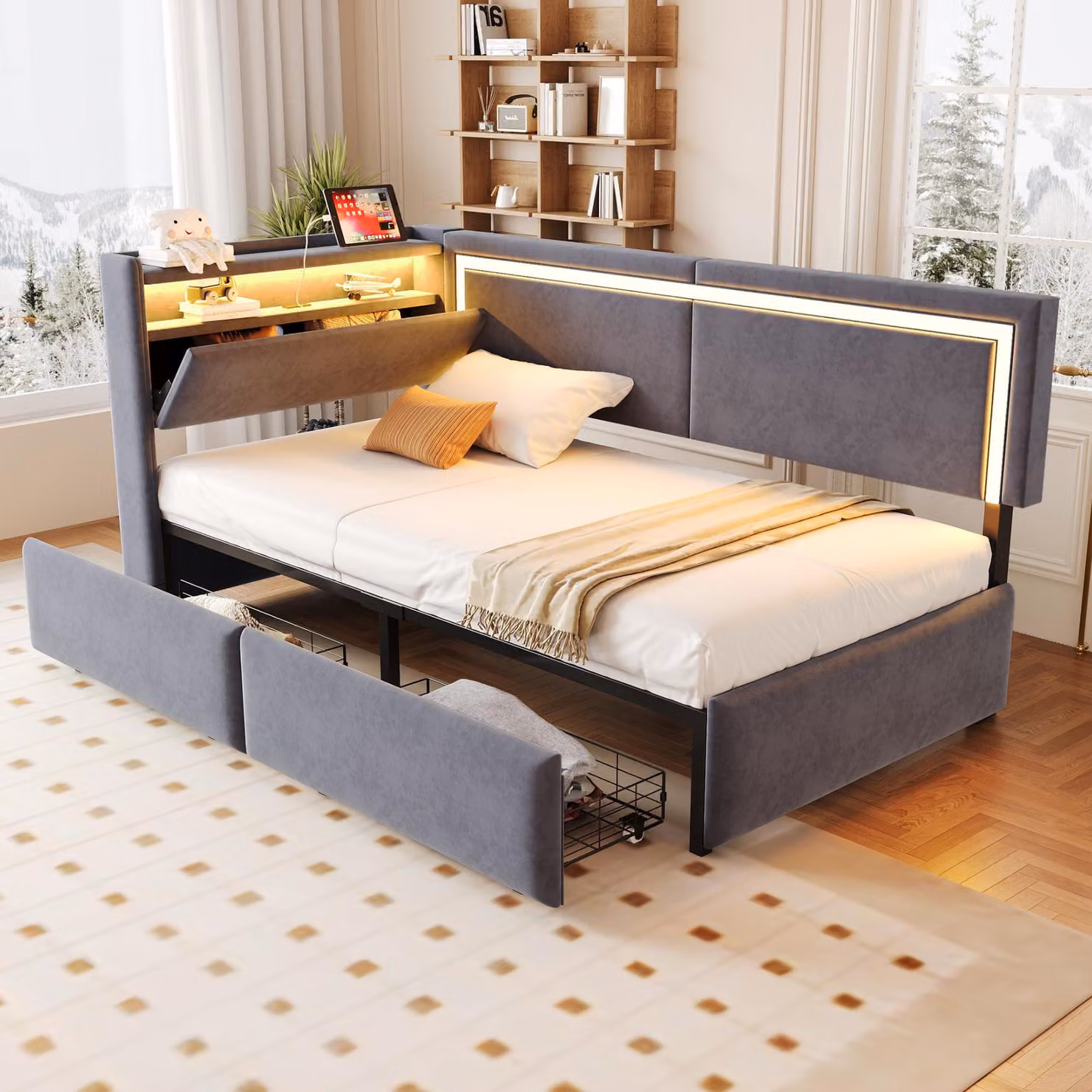 MODFU Letto a scomparsa 90x200, letto imbottito con cassetti contenitori, letto singolo per bambini con scaffali e vani portaoggetti, senza materasso, color grigio scuro