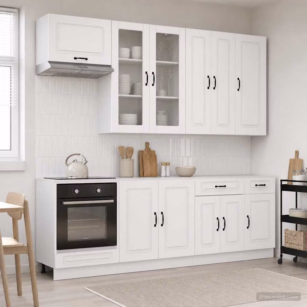 Unità cucina moderna vidaXL KALMAR in 8 pezzi bianco lucido con ante in vetro e cassetti in MDF