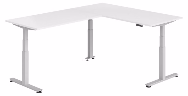 Scrivania angolare bümö regolabile elettricamente in altezza, forma a L - Decorazione: bianco, struttura: argento, dimensioni: scrivania angolare 180 x 240 cm