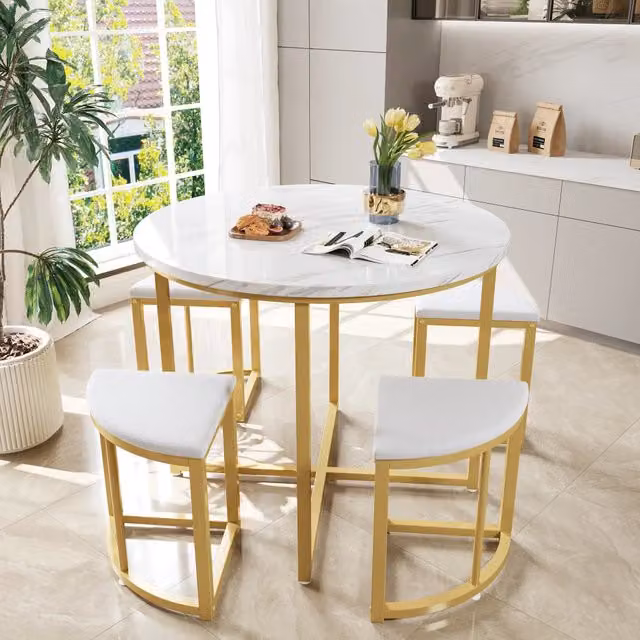 Tavolo da Pranzo con 4 Sedie in Velluto ¨C MINIMAL ¨C Bianco, Piano MDF, Telaio in Ferro Dorato