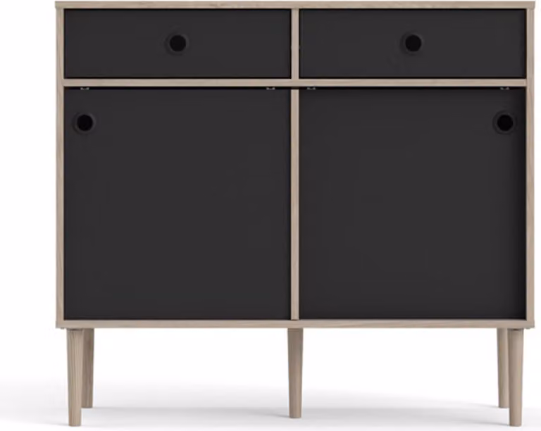 Credenza Penny con 2 ante scorrevoli e 2 cassetti, decoro Hickory e nero opaco.