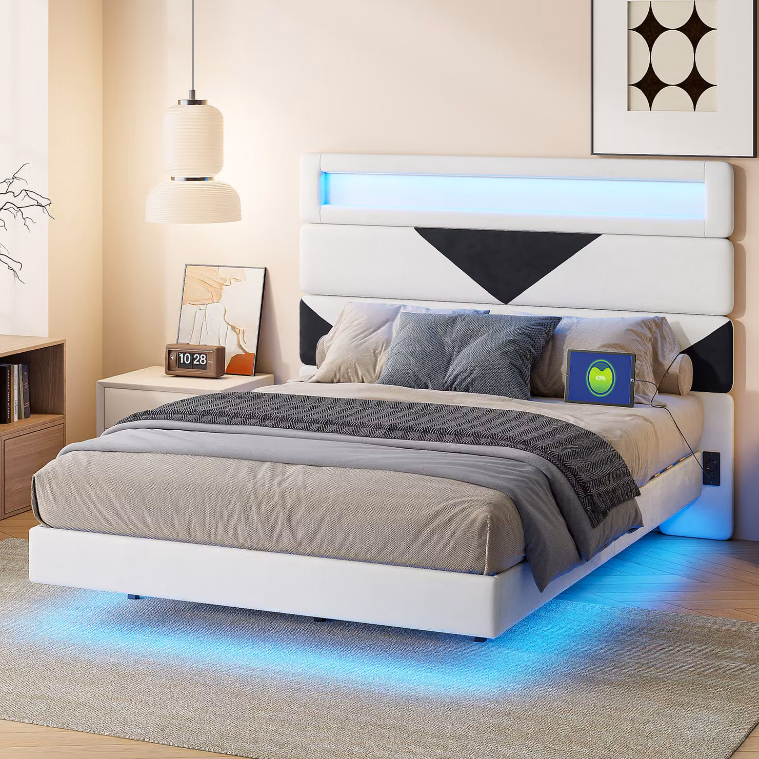 Letto imbottito 160x200cm con illuminazione USB e LED, letto contenitore con testiera triangolare, in velluto, bianco e nero