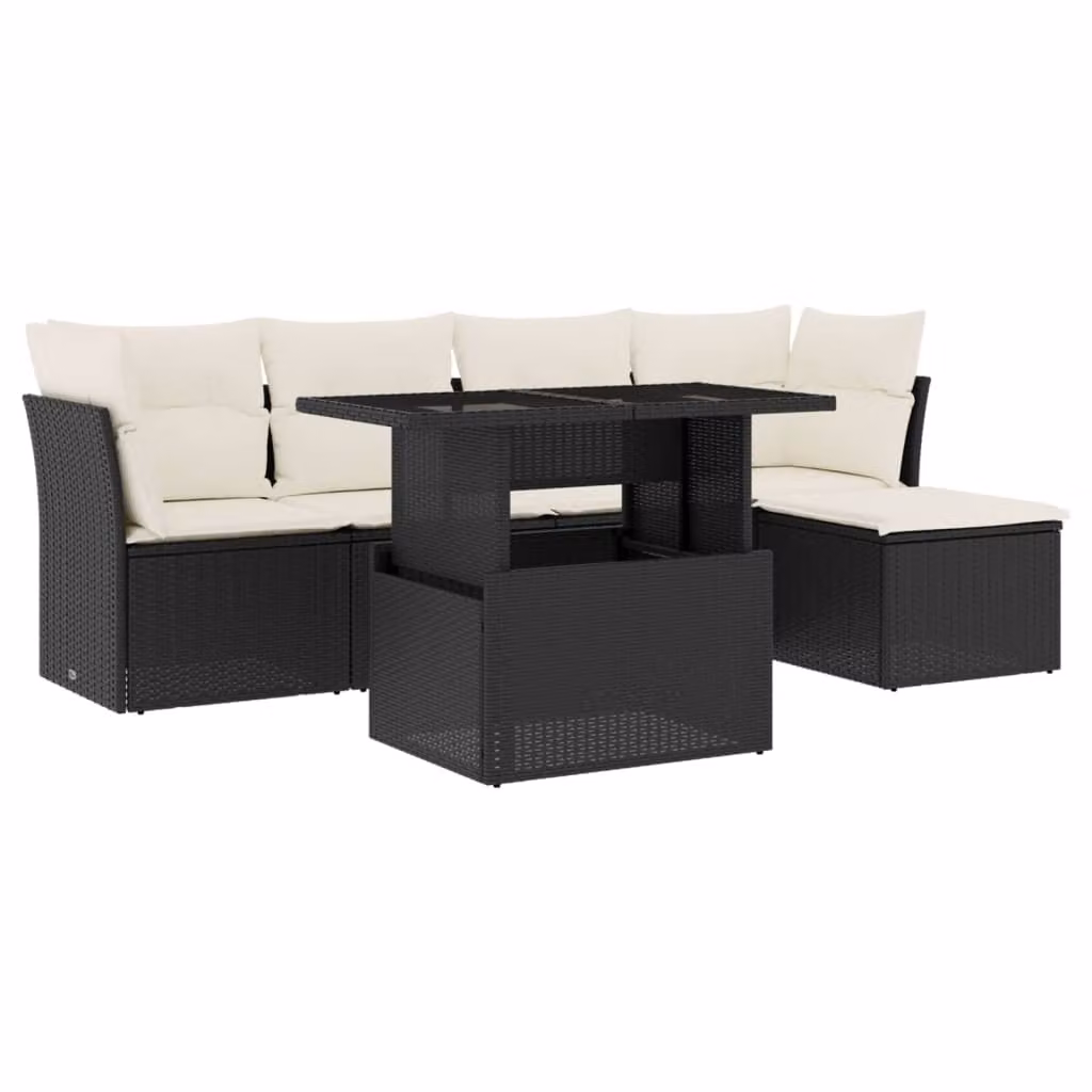 Set Divano da Giardino 6 pz con Cuscini Nero in Polyrattan