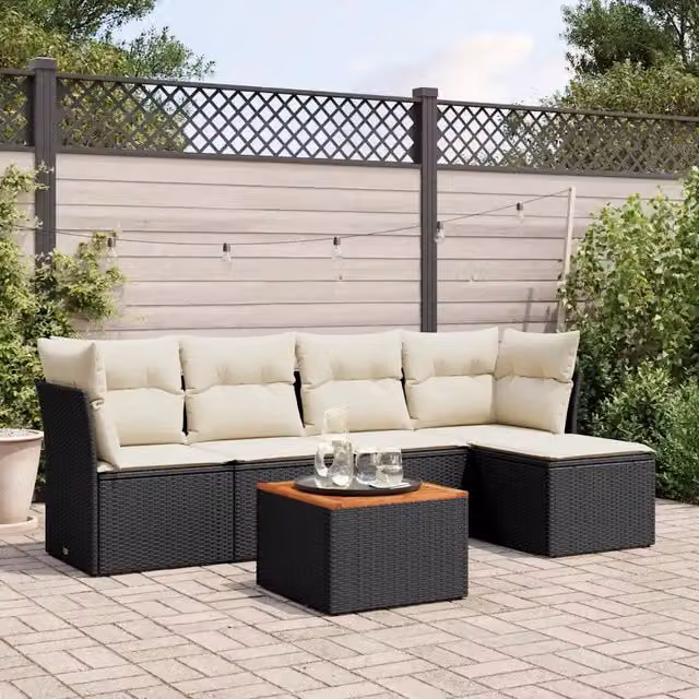 Set Divano da Giardino 6 pz con Cuscini Nero in Polyrattan 3255944
