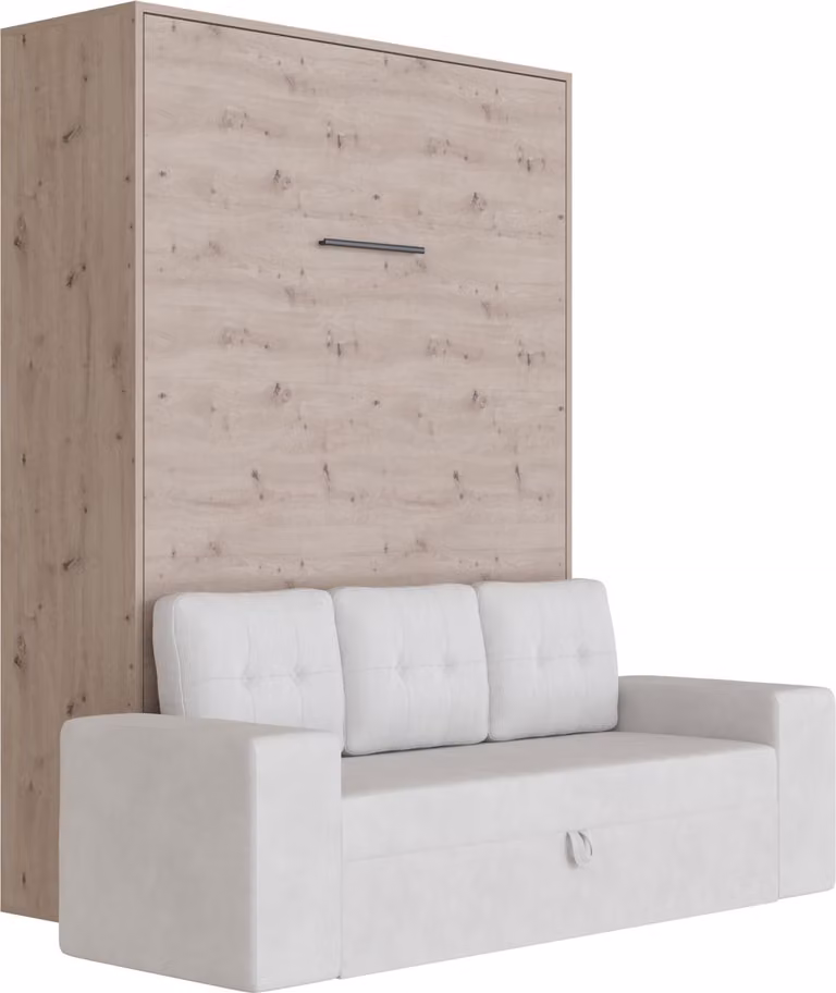Letto a scomparsa M3 140x200 verticale con divano grigio sabbia braccioli con cassetti Quercia selvatica