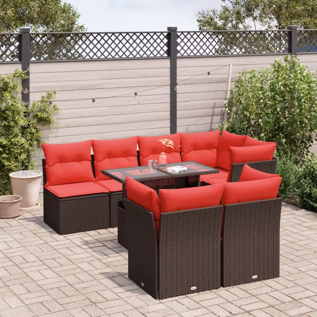 Set Divani da Giardino vidaXL 8 pz in Polyrattan Marrone con Cuscini e Tavolino da Esterno