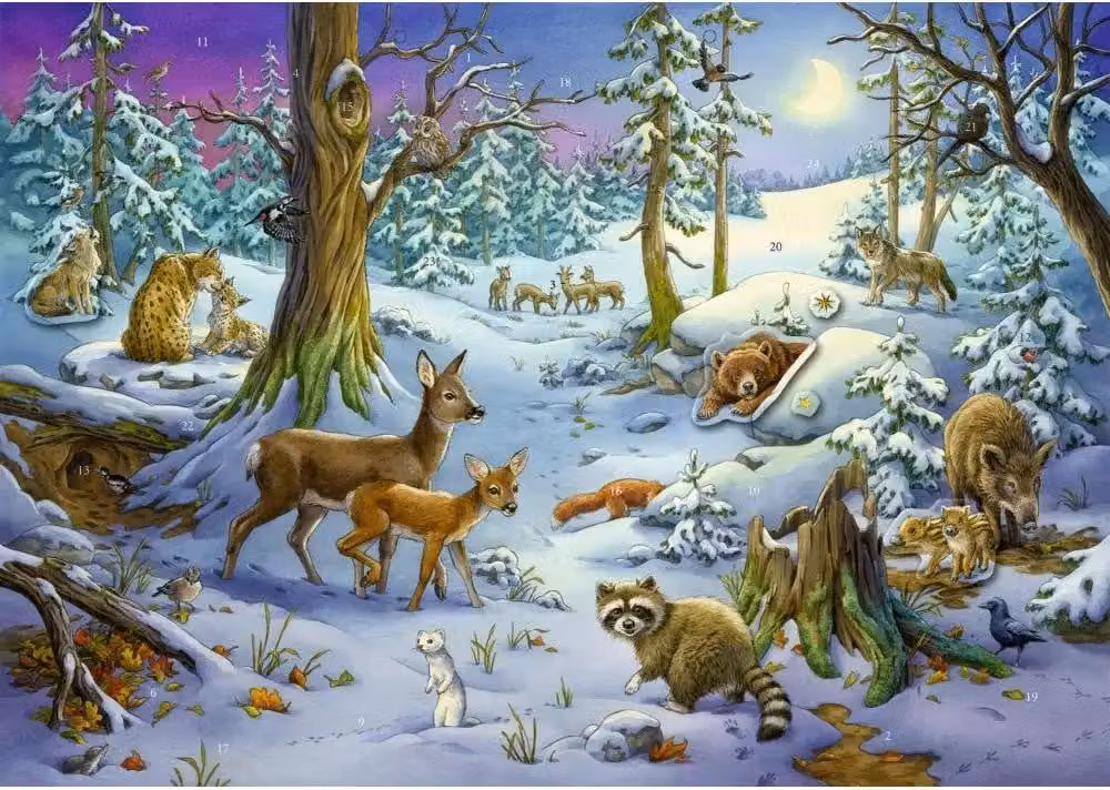 Calendario dell'Avvento con adesivi - Animali nella foresta invernale