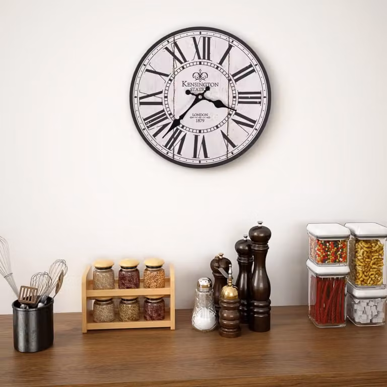 Orologio da Parete Analogico Vintage London vidaXL, Design Retro Rotondo in Legno e Metallo, Bianco e Nero, Diametro: 30 cm