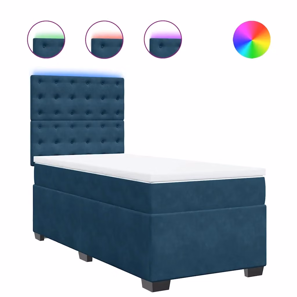 Letto moderno vidaXL con struttura imbottita in velluto blu e bianco, dotato di illuminazione sottostante e porta USB, L/P/H: 100 x 200 x 150,5 cm – 2