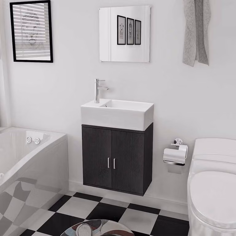 Set di mobili da bagno moderno vidaXL composto da mobile lavabo, armadietto con specchio e pensile in legno e ceramica nero opaco